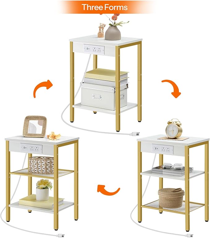 HOOBRO Side Table with Charging Station and USB Port, Small End Table for Small Space, 3-Tier Nightstand with Adjustable Shelf, for Living Room, Bedroom, White and Gold DW112BZ01G1