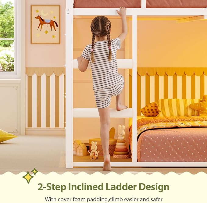 UPOSOJA Full Over Twin Bunk Bed with 8 Fabric Drawers, RGB LED Lights & Under-Bed Play Zone – F Over T Low Loft Bed with Soft Padded 2-Step Ladder, Space-Saving Bed for Kids, Teens (White, Full)