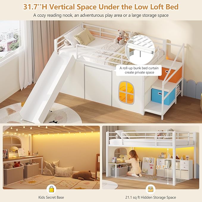 DICTAC Low Loft Bed with Slide,Storage Stairway and Led Lights Metal Twin Size Loft Bed with Under-Bed Play Space,Art Table & Play Curtain Twin Beds with 2 Drawers and 13.8''H Safety Guardrail,White