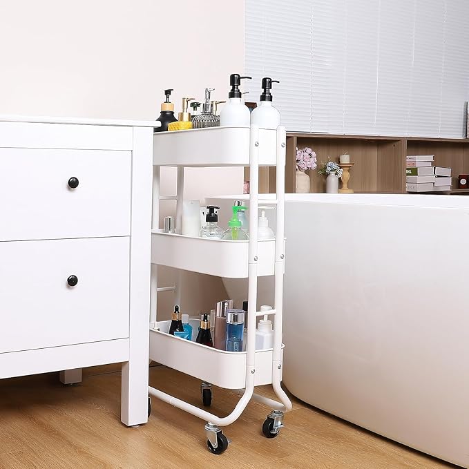 MAX Houser Slim 3-Tier Rolling Utility Cart, Narrow Metal Bathroom Storage Multifunctional Organizer Carts with Wheels with Extra Hook, Laundry Room,Kitchen,Small Space(White)