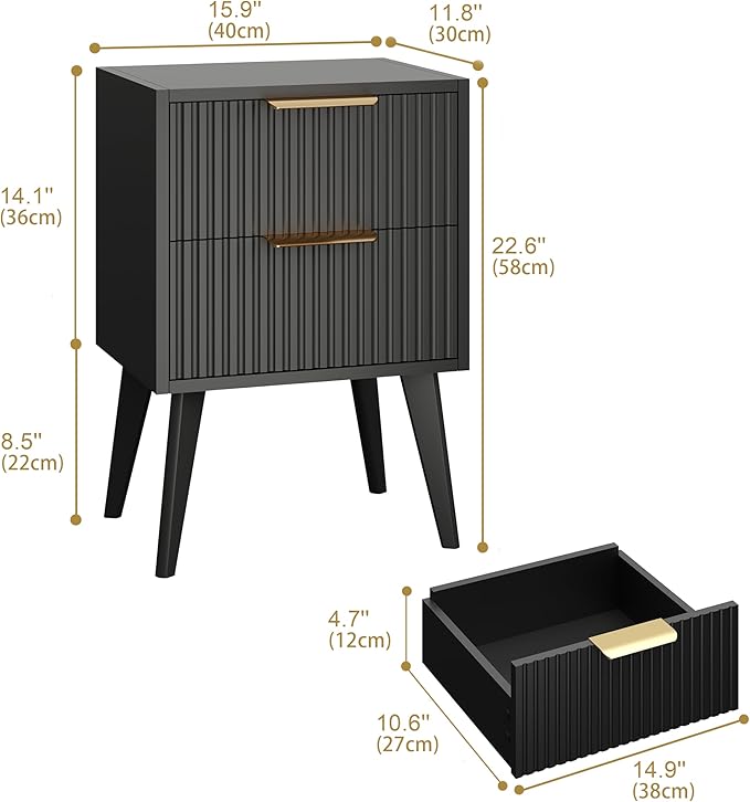 YAUKOMEL Black Nightstand,Mid Century Modern Bedside Table, Fluted Nightstand with 2 Drawers,Side Table with Wood Legs, End Table for Bedroom,Apartment,Dormitory,Small Space Black CTG55BK