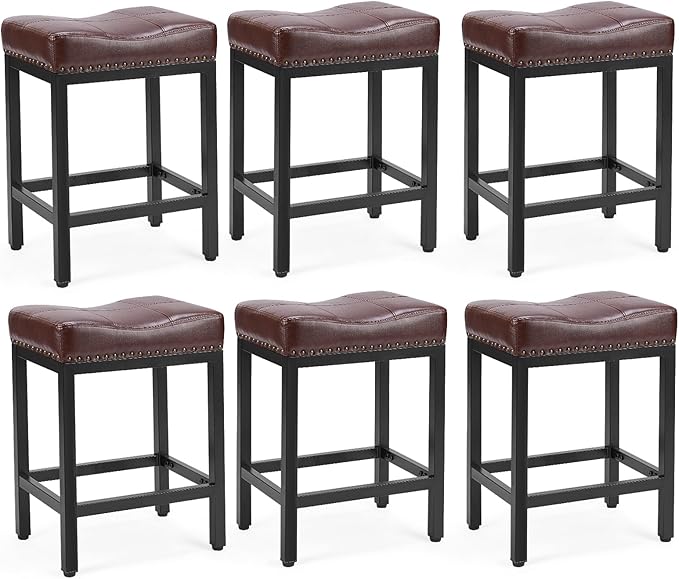 Sweetcrispy 24 inch Bar Stools Set of 6, Upholstered Modern Counter Height Bar Stools for Kitchen Island Modern PU Leather Sadless Stools Chair with Metal Base and Footrest,Brown