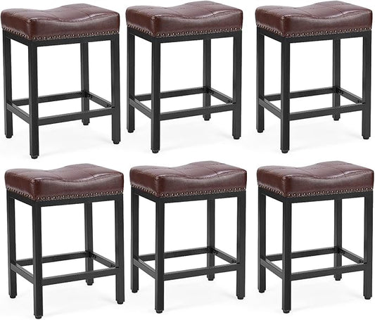 Sweetcrispy 24 inch Bar Stools Set of 6, Upholstered Modern Counter Height Bar Stools for Kitchen Island Modern PU Leather Sadless Stools Chair with Metal Base and Footrest,Brown