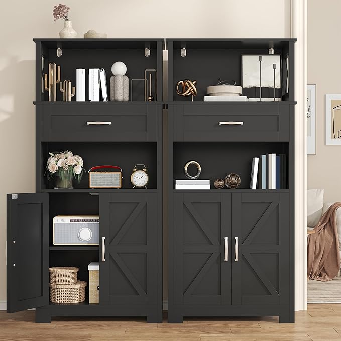 Saudism Farmhouse Black Storage Cabinet with Doors and Drawers, Freestanding Kitchen Pantry Cabinet, Floor Storage Cabinet Hutch Cupboard for Kitchen/Laundry/Living Room (Black)