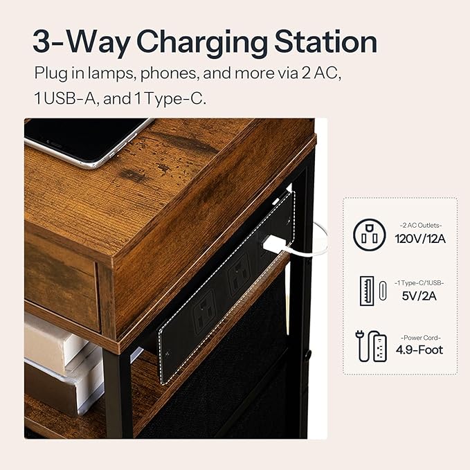 HOOBRO Nightstand with Charging Station, Bedside Table with Fabric Drawers, End Table with Lockable Hidden Compartment, 2 AC Outlets, 1 USB-A, 1 Type-C, for Bedroom, Rustic Brown and Black BF143UBZ01