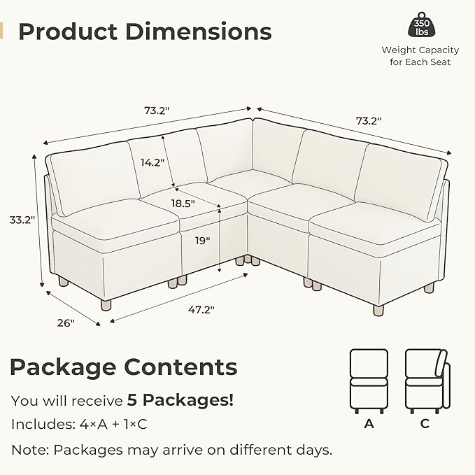 SITJOY Breakfast Nook Bench with Storage, Modular Corner Kitchen Banquette Seating, Dining Settee Couch, Upholstered Dining Bench with Back, Soft-to-Touch Fabric in Beige, 5-Seat L Shaped Nook