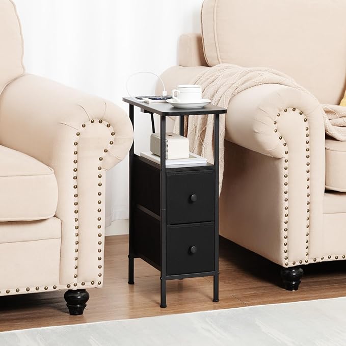 LOAKEKEL Narrow Nightstand with Charging Station, End Tables Living Room Set of 2, Skinny Side Table with Fabric Drawers, Slim Sofa Table for Bedroom, Small Spaces, Couch, Black, HETNDP02BK