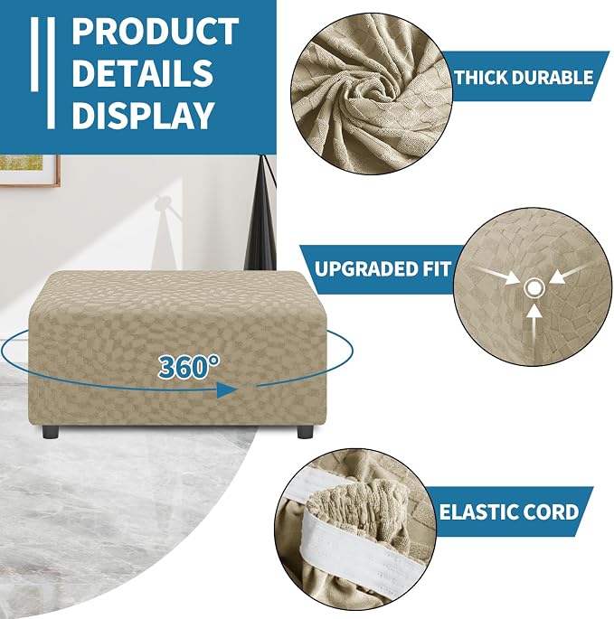 ZNSAYOTX 2026 Rectangle Ottoman Cover (L:35"-45") Super Stretch Soft Footrest Slipcover Form Fit, Universal Folding Foot Stool Covers with Non-Slip Elastic Band, Fashion Jacquard Texture, Khaki