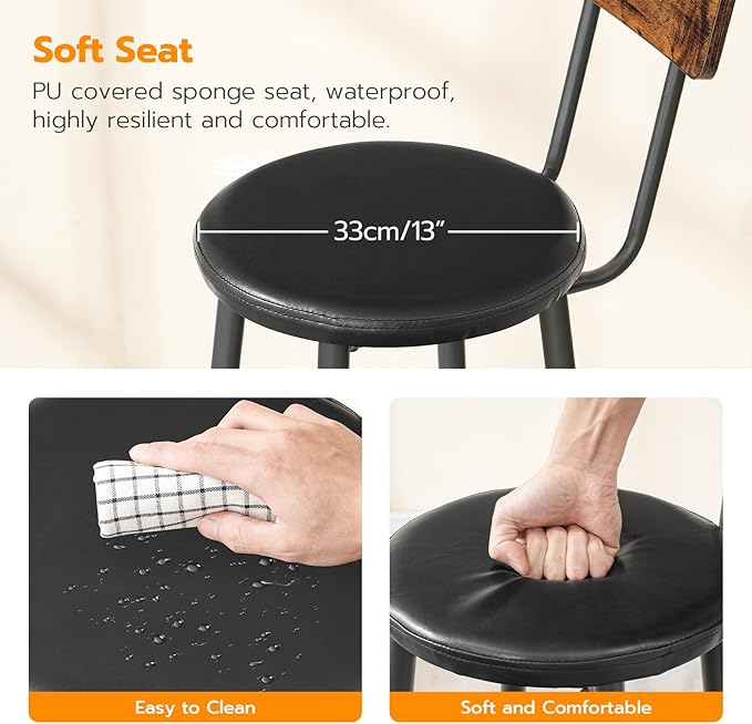 HOOBRO Bar Stools, Bar Stools Set of 2 with PU Upholstered, Bar Chairs with Footrest and Back, 26" Bar Stools for Kitchen Island, Dining Room, Easy to Assemble, Rustic Brown and Black BF31BY01G2