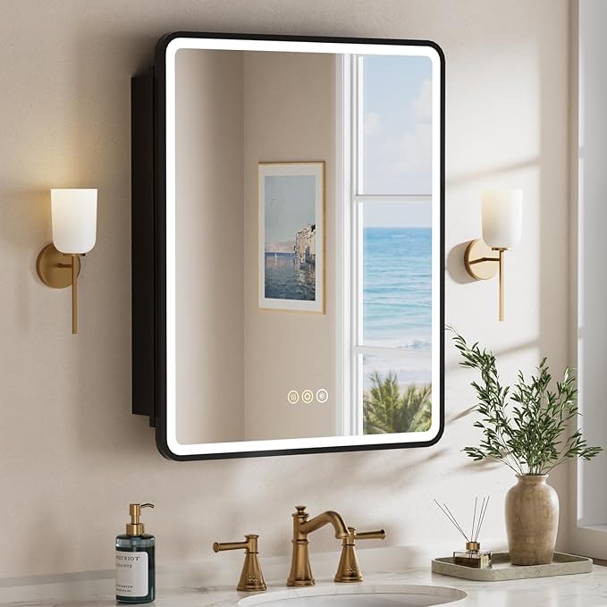 24x30 Inch Medicine Cabinet with Mirror, Recessed or Surface Mount Bathroom Medicine Cabinet with LED Lights, Anti-Fog, Memory Function, Adjustable Shelf, Dimmable Light, ETL Listed, Black,Right Hinge
