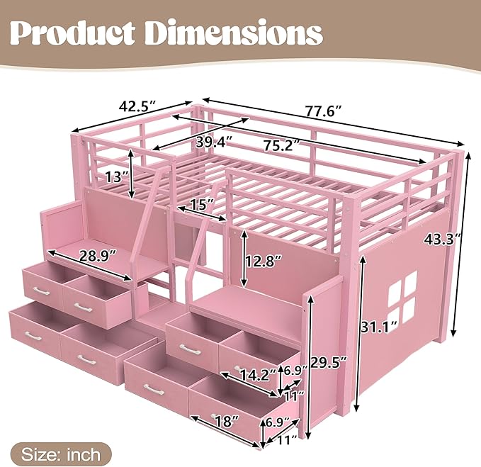 Bellemave Twin Size Loft Bed with 8 Non-Woven Fabric Storage Drawers and Bookshelf, Low Loft Bed with Lights and Private Play Curtain, Twin Loft Beds with High Rails, Noise Reduced Pink