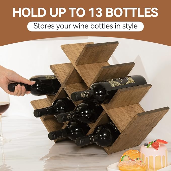 KIRIGEN 13-Bottle Wine Rack, 4-Tier Solid Wood Countertop Wine Holder, Brown Freestanding Bottle Storage Shelf for Kitchen, Bar, Cabinet, Pantry, XHJJ4-DBR