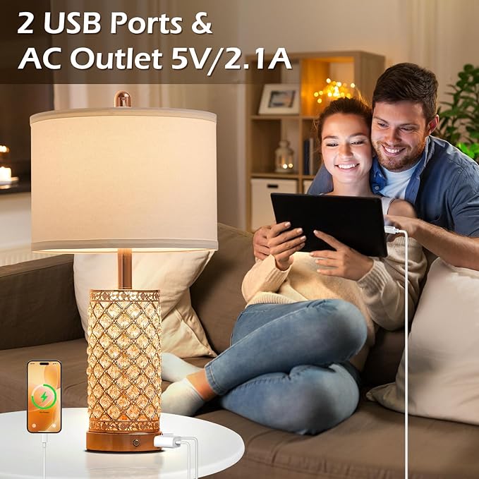 SAIWEYA Crystal Table Lamps 3-Way Dimmable Bedroom Lamp with 2 USB Ports & AC Outlets for Living Room Retro Bedside Nightstand Lamp Night Light (Rose Gold- 1 Pack 24In)