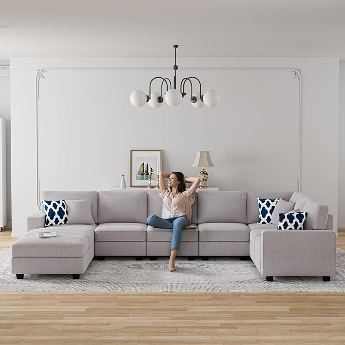 Legend Vansen Oversized Modular Sectional Sofa,U/L‑Shaped Reversible Couch with Ottoman,Deep Seat Plush Polyester Sofa for Living Room,9‑Seate,Light Grey