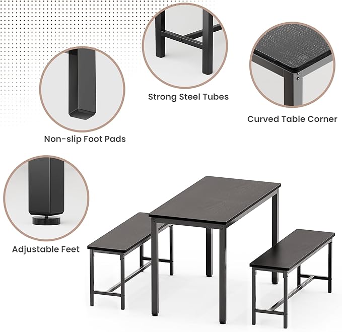 Dining Table Set for 4, Kitchen Table with 2 Benchs, Space Saving Dining Room Table Set for 4 Person, 3 Piece Office Table Set for Small Space, Breakfast Nook, Office, Apartment, Black