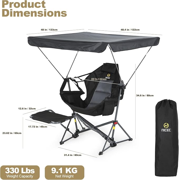 Nice C Hammock Chair with Canopy Footrest, Portable Swinging Camping Chair with Shade, Folding Rocking Umbrella Chair, Detachable Footrest, Cup Holder, Carry Bag for Camping, Beach (2 Pack)