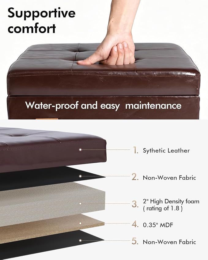 ABHENG Synthetic Leather Cover Steel Frame Ottoman with 48L Storage,17.7" x 17.7" x 17.7" Square Storage Ottoman Stool Cube with Legs,for Dorm Livingroom Brown UASND63R