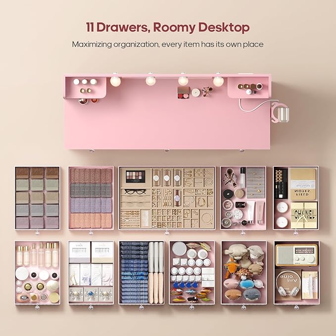 HAUOMS Pink Vanity with Lights and Mirror, 11 Drawer Makeup Vanity with Power Strip, 6 Open Shelves, 43.3” Vanity Desk with Storage, Dressing Table with 3 Color Modes for Bedroom, Women, Girls (Pink)