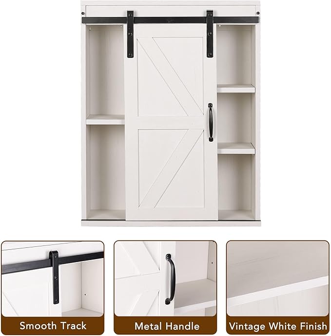 RUSTOWN Farmhouse Wood Wall Storage Bathroom Cabinet with Sliding Barn Door, Rustic Medicine Cabinet with Adjustable Shelf, 3-Tier Vintage Cabinet for Kitchen, Bathroom, Living Room (Vintage White)