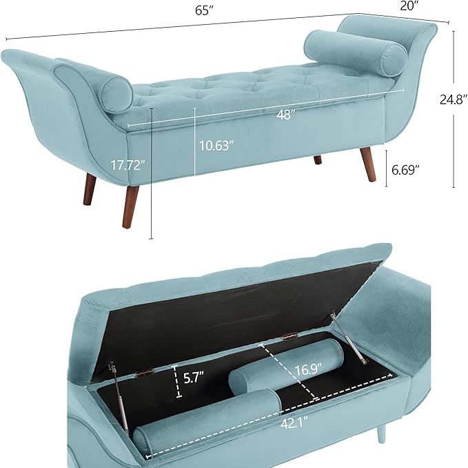 Storage Bench for Bedroom End of Bed, Velvet Upholstered Rolled Armed Button Tufted Sofa Stool Bench, Storage Ottoman Couch Long Bench with Solid Wood Legs (Blue)