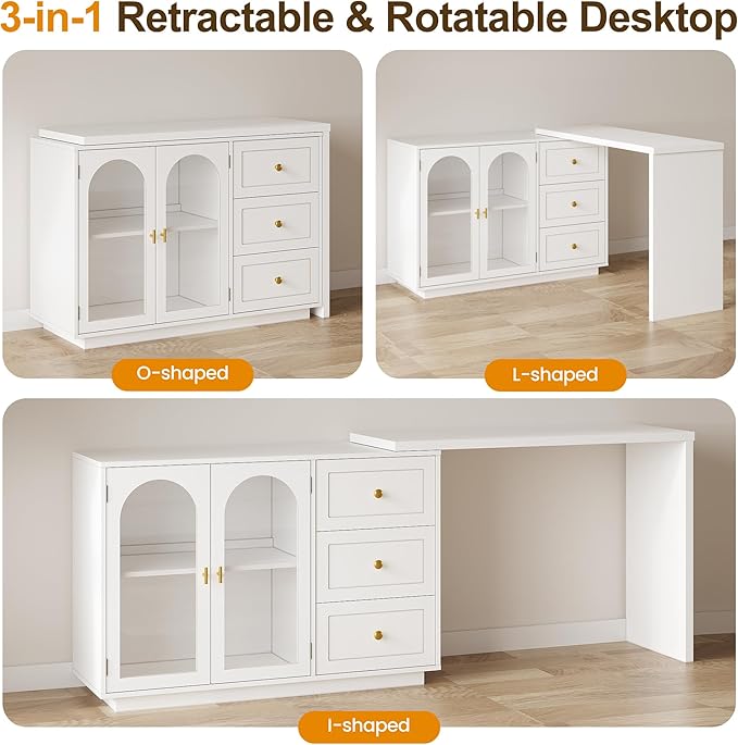 RoyalCraft 83” Large Makeup Vanity Desk, White Corner Vanity Table with 3 Drawer & 2 Door, Modern Extendable Dressing Table, Vanity Dresser Combo for Bedroom, Dressing Room (Without Mirror)