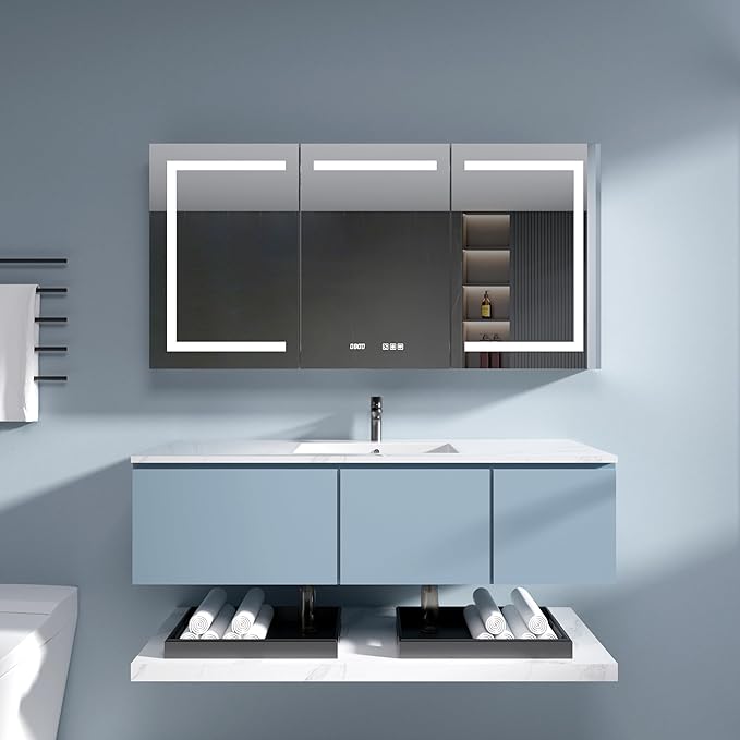 Medicine Cabinet with Lights with Mirror, 60 x 30 Inch Recessed/Surface Wall Mount LED Lighted Medicine Cabinets for Bathroom with Storage, 3 Colour Lights Dimmable Defog, Time/Temp Display