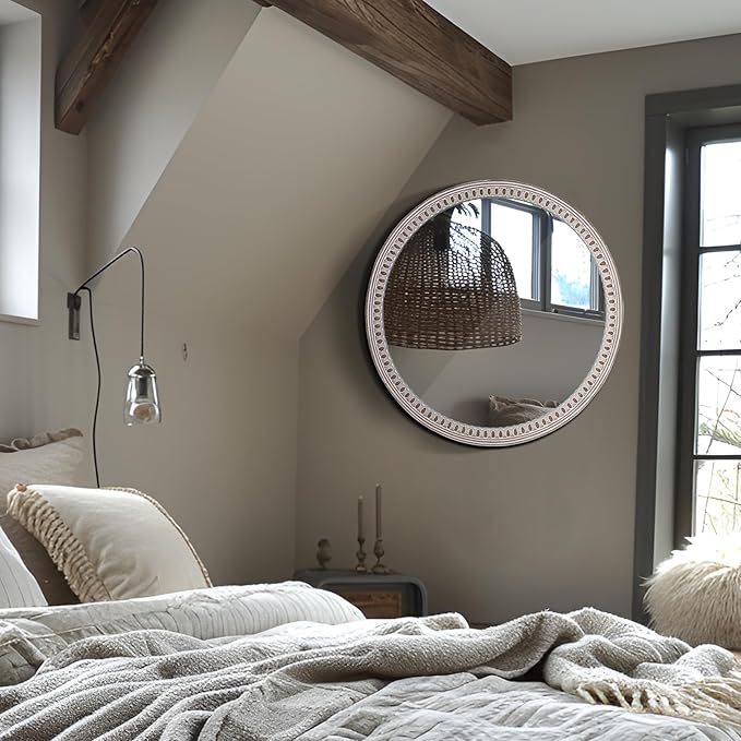 24 Inch Rustic Farmhouse Round Wood Wall Mirror, Decorative Circle Mirrors for Bathroom Over Sink, Living Room, Entryway, Bedroom