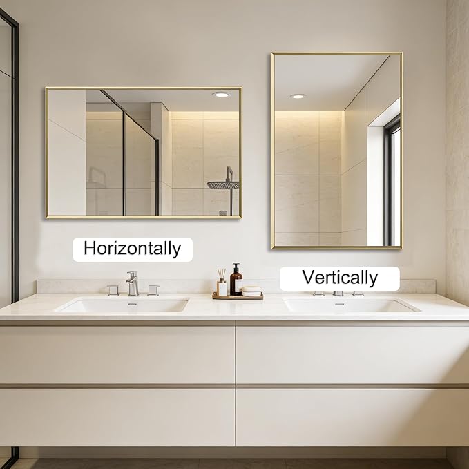 Bathroom Mirror for Wall, 36x24 Inch Metal Framed Mirror, Brushed Gold Rectangle Mirror, Bathroom Vanity Mirror Farmhouse, Tempered Glass, Anti-Rust, Hangs Horizontally or Vertically