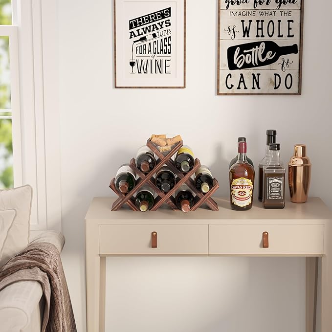 Rustic State Alella Countertop Wood Wine Rack for 8 Bottles Holder and Cork Storage Tabletop Butterfly Sleek Design Freestanding Organizer - Home, Kitchen, Dining Room Bar Décor - Walnut