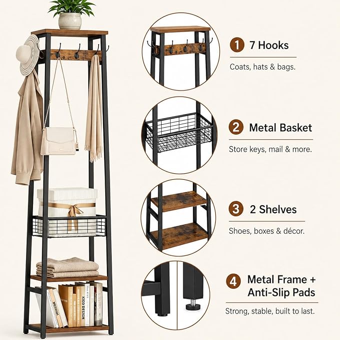 Coat Rack Freestanding, Coat Stand with Metal Basket and Storage Shelves, Hall Tree Free Standing with and 7 Hooks, Clothes Rack Stand Organizer, Rustic Brown and Black