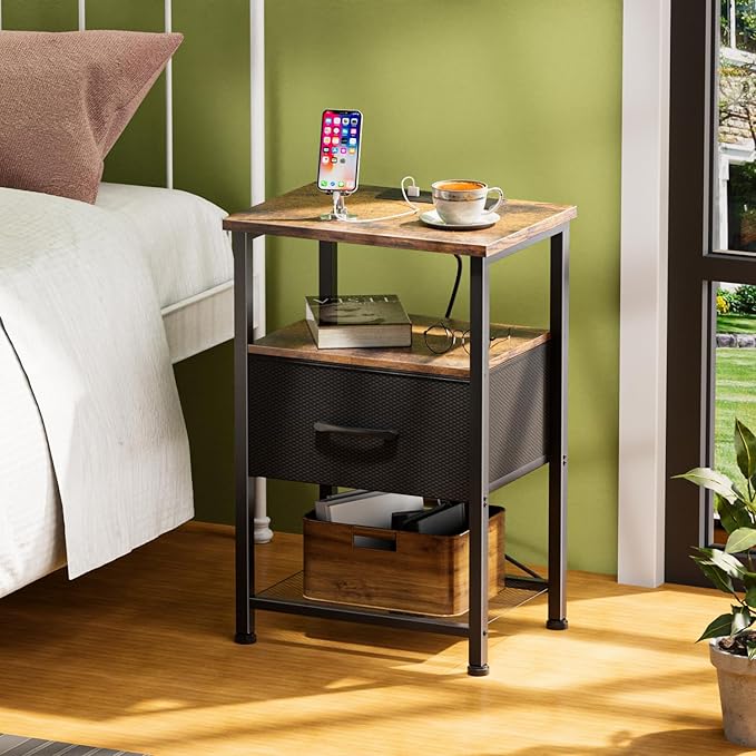 LAKEMID Nightstands Set of 2,Night Stand with Charging Station and Drawer,Bedside Table with 20 Colors LED Light Strip,End Table for Bedroom Living Room (Rustic Brown)