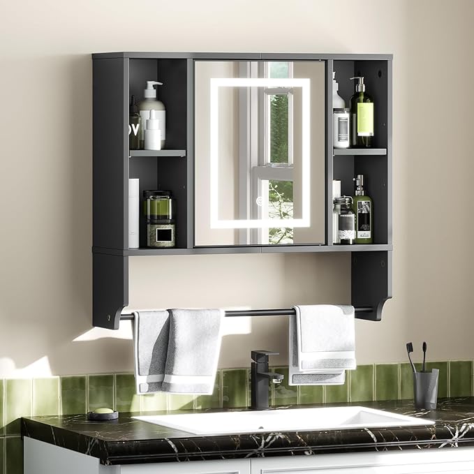 MAHANCRIS Bathroom Wall Cabinet with Mirror, Wall Mounted Medicine Cabinet with Color Adjustment LED Lights, Mirrored Over The Toilet Storage Cabinet with Adjustable Shelves, 23.6''W x 21.6''H, Black