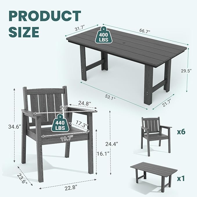 Pamapic 7 PCS Outdoor Dining Set, Spacious HDPE Outdoor Table and Chairs, Wood Grain Patio Furniture Sets with Elegant Armrest, All-Weather Outdoor Furniture with Umbrella Hole, Gray