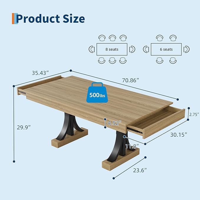 Garvee 71-Inch Dining Table with 2 Drawers,Rectangular Dining Table for 6-8 with Double Pedestal & Sturdy Frame, Industrial Wooden Kitchen Table with Large Tabletop, for Dinner, Natural