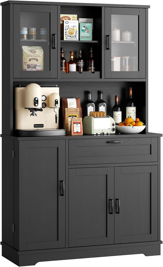 Vongrasig Farmhouse Pantry Cabinet with Acrylic Doors, Large Kitchen Hutch Storage Cabinet for Dining Room, Tall Food Pantry Organization, Microwave Stand, Black