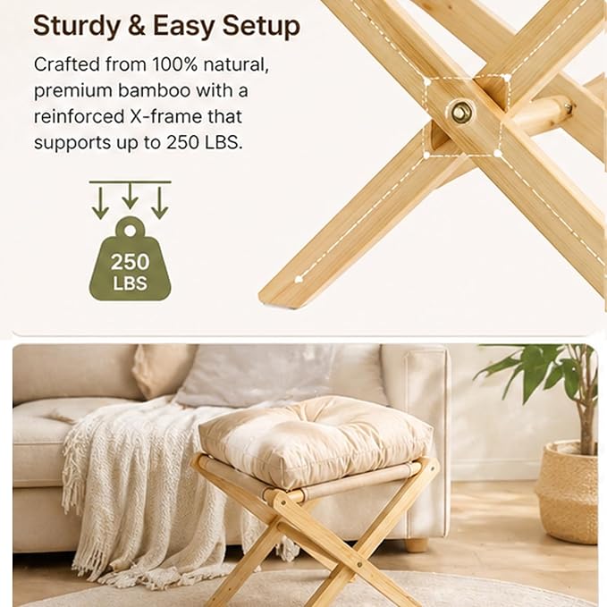 Foldable Foot Stool Ottoman,Bamboo Foldable Stool, Foot Stools Small Ottman with Upholstered & X Legs,Small Ottoman Stool Chair for Bedroom Living Room, Footstool for Chair Couch