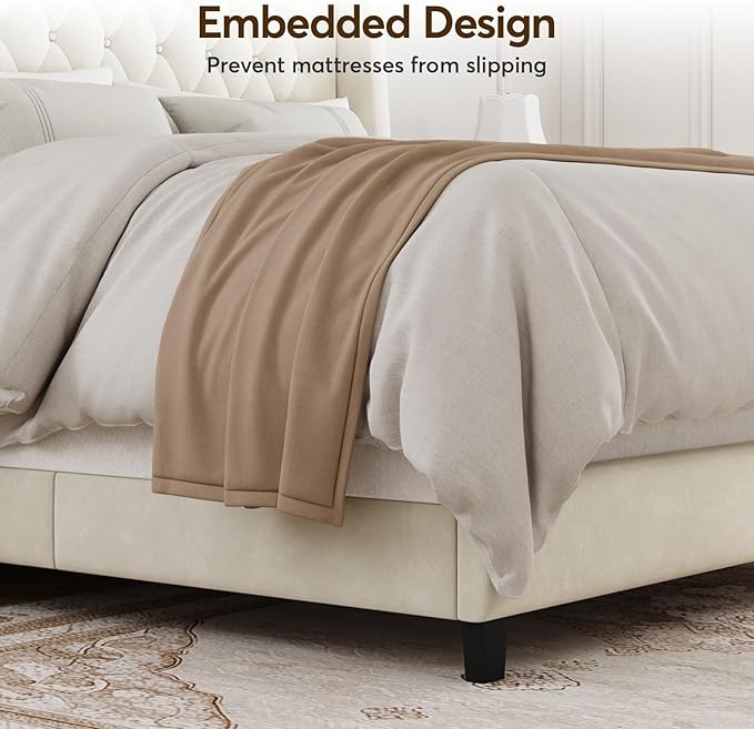 Full Bed Frame with 55" Tall Headboard, Upholstered Bed Frames, Soft Fabric, Button Tufted Headboard with Windback, Platform Bed, Noise-Free, No Box Spring Needed, Beige