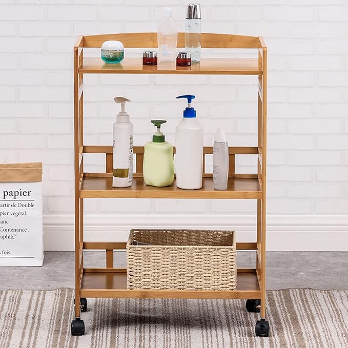 3-Tier Rolling Home Bar Serving Cart Mobile Kitchen Serving Trolley Cart with Removable Trays Bamboo Wine Rack with Wheels Bar Dining Room Tea Wine Holder Serving Cart Furniture