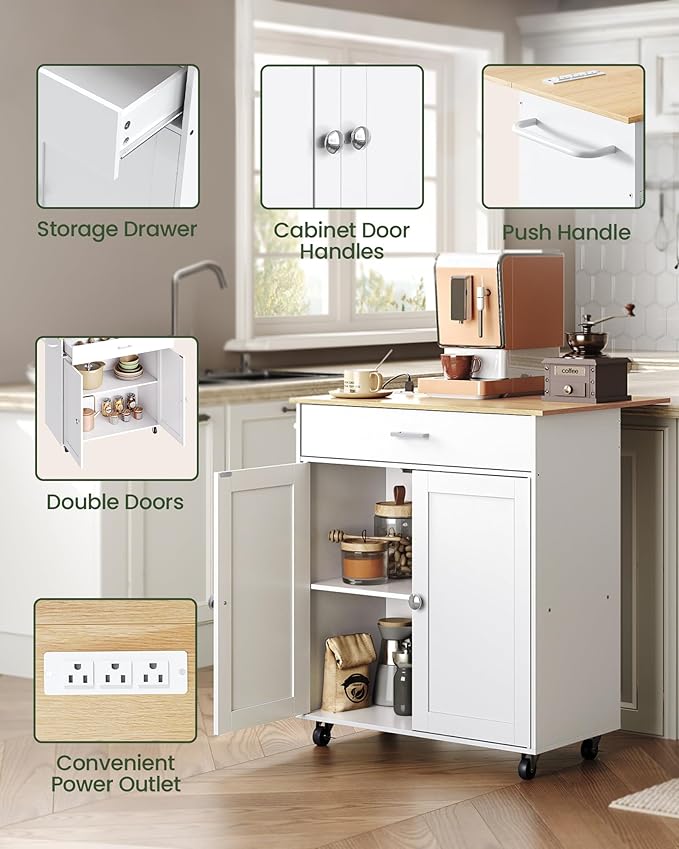 CHOEZON Kitchen Island, Kitchen Island Cart with One Double Cabinet and Drawer, Rolling Storage Cart with Power Strip, with Drop Leaf, for Kitchen, Living Room, White and Natural MZD01UWNN1
