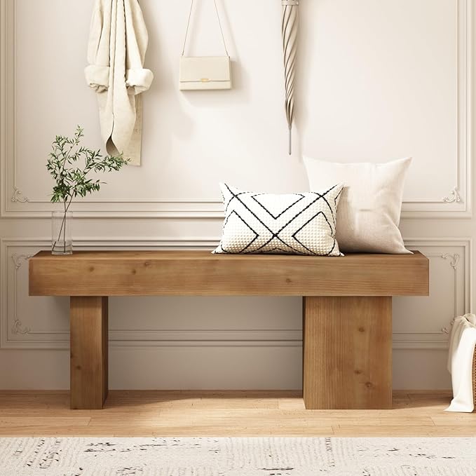 Farmhouse Solid Wood Entryway Bench, 47.3" Rustic End of Bed Bench for Bedroom, Handcrafted Accent Seating for Dining, Kitchen, Hallway, Living Room - 15 Min Assembly