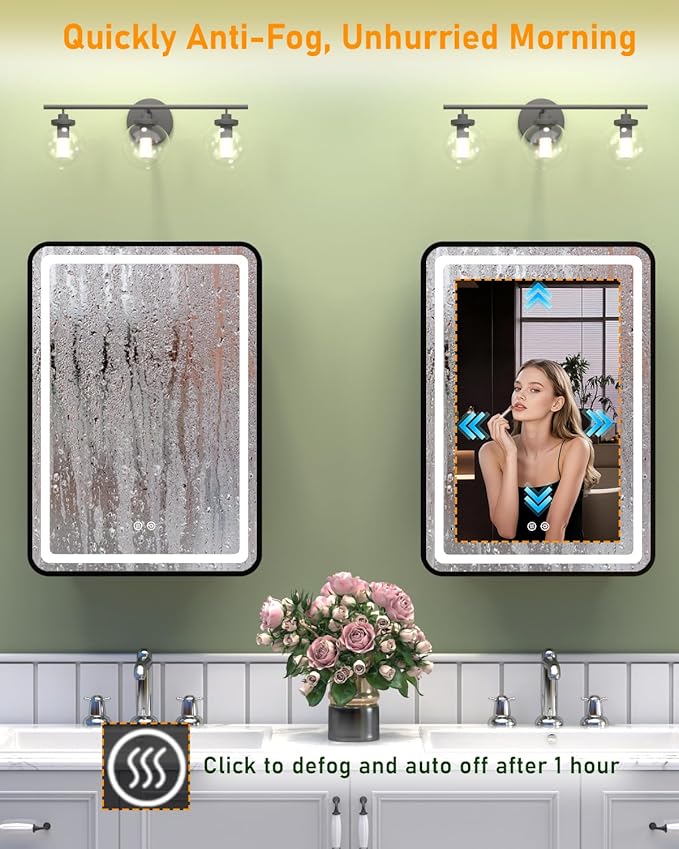 16x24 Inch LED Medicine Cabinet Mirror, Bathroom Mirror with Lights and Storage Wall Mounted & Recessed with Anti-Fog, Dimmable 3 Color Light with Memory, 2 Shelves & 1 Organizer Box, Right Hinge