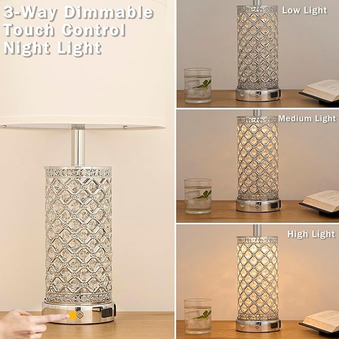 SAIWEYA Modern Crystal Table Lamp - 24in Silver Bedroom Lamps 3-Way Dimmable Touch Lamp with Night Light, 2 USB Ports + AC Outlet, Bedside Night Stand Lamp for Living Room Office (Silver- 1 Pack 24In)