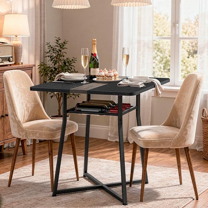 YATINEY Dining Table, 29.5'' Kitchen Table, Dining Room Table with Wine Rack, Versatile Small Dining Table, Easy Assembly, for Restaurant, Cafe, Apartment, Black and Gray CZ02BB