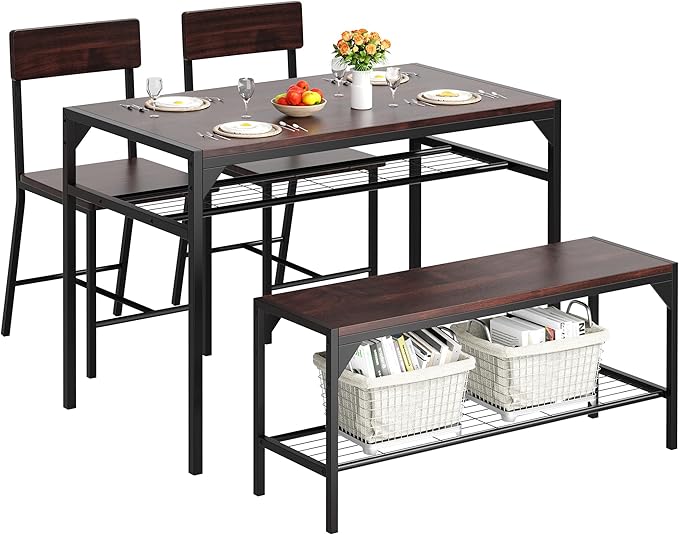 Shintenchi Kitchen Table Chairs Set of 4, Dining Table Set for 4 with Bench and Chairs, 4 Pieces Kitchen Table Set with Storage Rack & Metal Frame for Small Space, Dark Walnut
