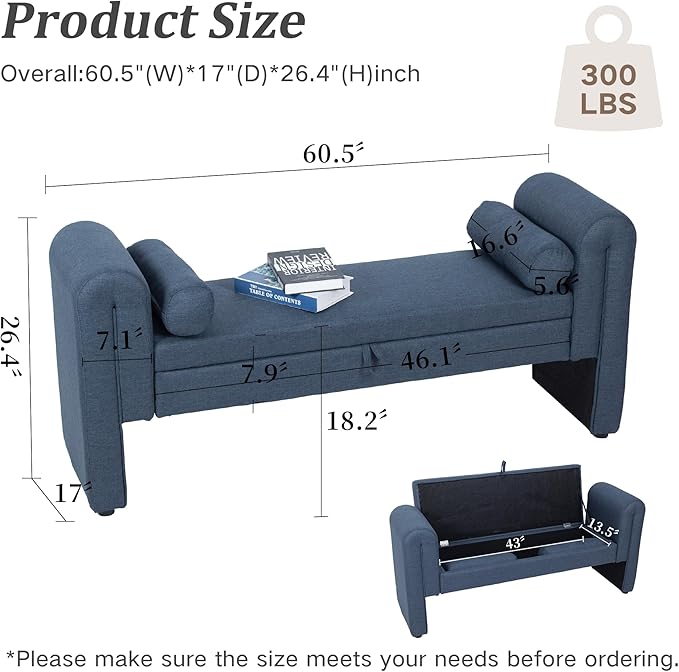 Velvet Upholstered Storage Bench for Bedroom End of Bed with Rolled Armed Button Tufted Sofa Stool, Ottoman Couch Long Bench with Solid Wood Legs (Blue-Gray)