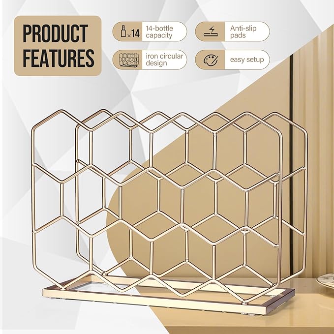 Countertop Wine Rack - 14 Bottle Freestanding Modern Gold Metal Small Wine Rack - Tabletop Wine Holder Stand for Cabinet, Pantry, Wine Bottle Storage (Large Size-Gold)