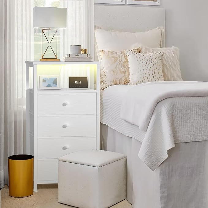 BOLUO Tall Night Stand with Drawers, White Nightstand with Charging Station and LED Light, Small White 4 Drawer Dresser for Bedroom, Room Storage Closet