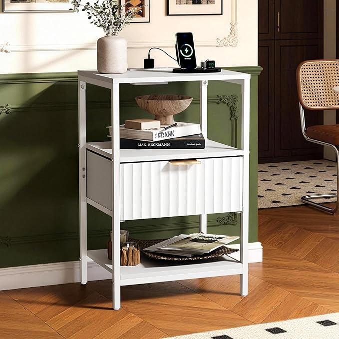 VINGLI White Nightstand with Charging Station and Fabric Drawer, Fluted Night Stand/Bedside Table, Small Night Stand with Charger Station for Bedroom, Dorm, 14.96" W*11.81" D*23.7" H, 1 pc