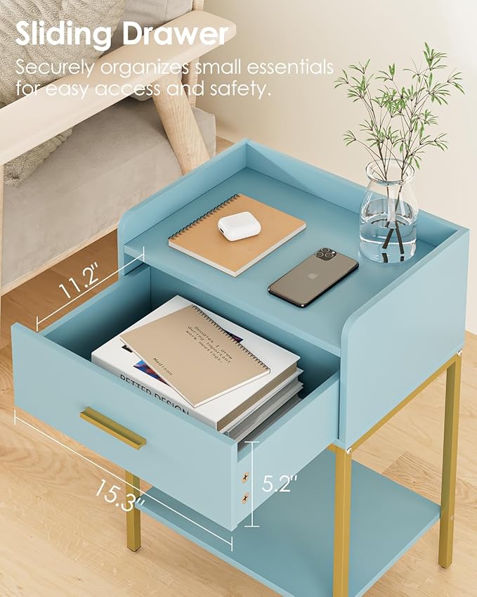 Nightstand,Modern Bedside Table Night Stand with Storage Drawer and Open Shelf,Small End Side Table for Bedroom,Living Room,Blue