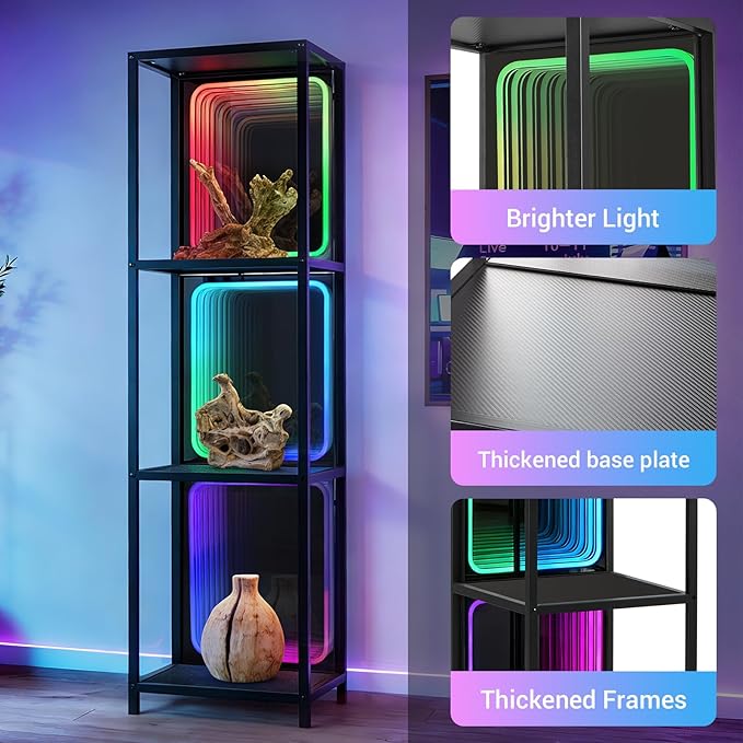 FUSLITE 3 Tier Storage Cabinet with LED Infinity Mirror Light, RGBW Display Cabinet with Adjustable Color Temp for Bedroom Office Gaming Room Decor,Action Figures, Collectibles, Black